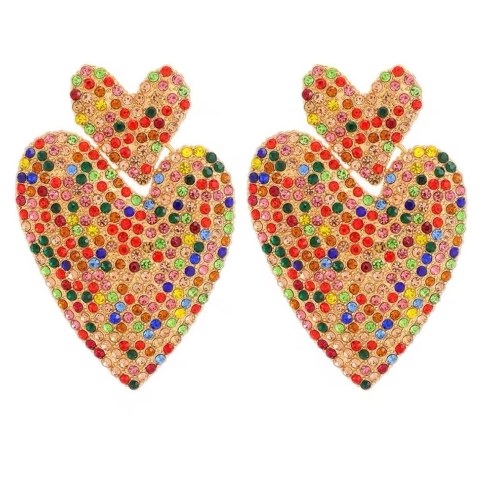 Colorful Heart Crystal Drop Earrings - Picture 2 of 8